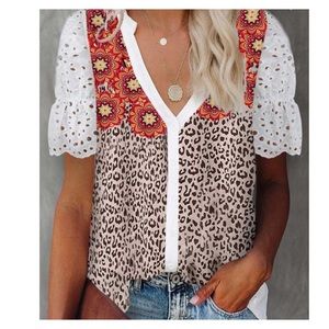 Leopard and Eyelet Sleeve Floral Blouse